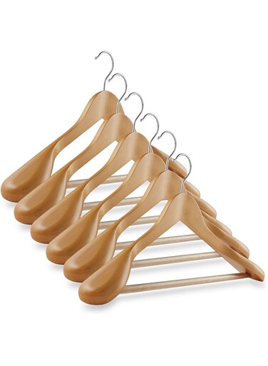 Casafield - 6 Natural Wide Shoulder Wooden Suit Hangers - Premium Lotus Wood, Non-Slip Pant Bar &amp; Chrome Swivel Hook for Dress Clothes, Coats, Jackets, Pants, Shirts, Skirts