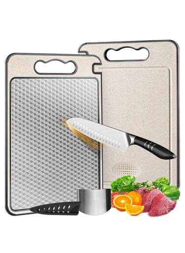 Stainless Steel Cutting Board Pro   100% Stainless Steel + Wheat Straw With Knife Sharpener + Guards, Finger Guard &amp; Juice Groove   Scratch-Free Non-Slip Chopping Boards For Any Kitchen