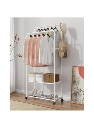 Household Supplies Compact Clothing Racks, Wheels can Lock Rolling Clothing Racks, Two Layers of Metal Clothing Hanging Racks, Shoe Racks, White