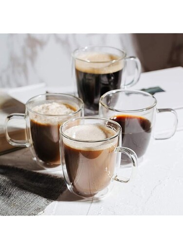 Lushh Set of 4Pcs Double Wall insulated glass Coffee mugs with handle, for Tea,Latte, Coffee, Beer,cappuccino Cups, 350 ML
