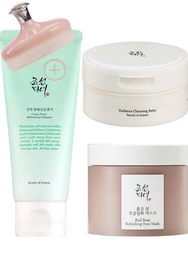 Beauty Of Joseon Daily Cleansing Trio For Fresh Skin &amp; Face Scrubber - Nourishing Cleansing Balm, Purifying Green Plum Cleansing Foam, And Detoxifying Red Bean Pore Mask 340ml