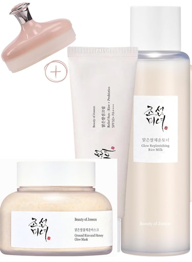 Beauty Of Joseon Radiant Glow Pack &amp; Face Scrubber - Ground Rice &amp; Honey Mask - Glow Replenishing Rice Milk - &amp; Relief Sun with Probiotics Set For A Nourished, Protected, And Radiant Complexion