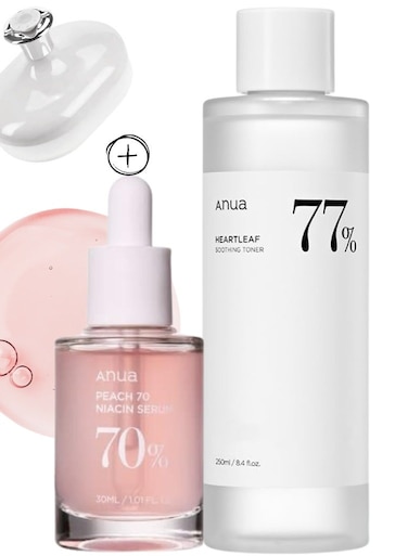 Anua Brightening And Soothing Skincare Set - 77 Soothing Toner And Peach 70% Niacinamide Serum For Hydrated - Even-Toned - And Radiant Skin - Face Scrubber - 280ml