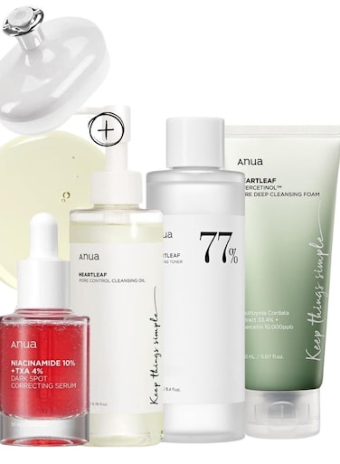 Anua Heartleaf Skincare Set - Pore Control Cleansing Oil - Quercetinol Cleansing Foam - 77 Soothing Toner - Dark Spot Correcting Serum With 10% Niacinamide &amp; TXA For Clear Skin - Face Scrubber - 630ml