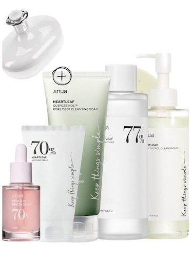 Anua Heartleaf Skincare Set - Pore Control Cleansing Oil - 77 Soothing Toner - Quercetinol Deep Cleansing Foam - Peach Niacinamide Serum - Soothing Cream For Clear - Radiant Skin - Face Scrubber 730ml