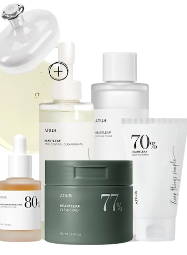 Anua Heartleaf Skincare Essentials Set - Pore Control Cleansing Oil - 77 Soothing Toner - Toner Pads - 80% Moisture Soothing Ampoule - 70% Soothing Cream For Hydrated Skin - Face Scrubber - 740ml