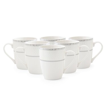 JUNA New Bone China Mug 355 ml &acirc;&euro;&ldquo; Elegant White Coffee &amp; Tea Mug with Subtle Texture for Daily Use, Brunch, Coffee Station, Ramadan, Eid, Diwali &amp; Gifting (Set of 6)