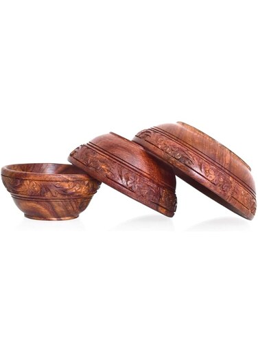 WILLART Wooden Handmade Handcarved Floral Design Serving Bowls Best for Dry Fruits, Set of 3 For Dinning Gift Home Decor