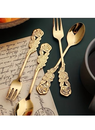 Rose Handle Spoon Fork Set 4.72inch (304) Stainless Steel Flatware for Coffee Tea Dessert Ice Cream Appetizer Fruit&iuml;&frac14;&circ;Gold&iuml;&frac14;&permil;