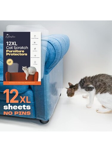 KatSupreme Cat Scratch Couch Protector - 12XL Sheets, Clear (Almost Invisible), Extra Durable, Easy to Customize, Residue-Free Furniture Protector