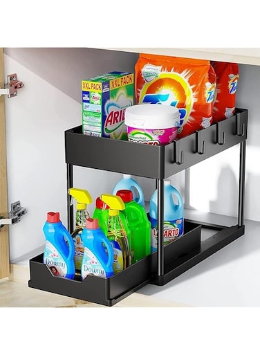 Sulfar Under Sink Organizer, 2 Tier Bathroom Cabinet Organizer with Sliding Basket, Multi-Purpose Under Sink Organizers and Storage for Bathroom Kitchen (4 Hooks)