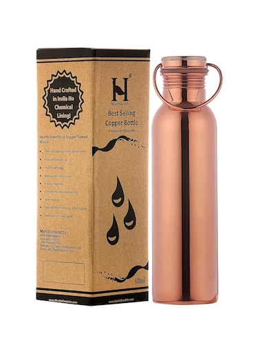 Pure Copper Water Bottle with CARRYING HANDLE, 600 ml, NON-LACQUERED, for Ayurveda Health Benefits