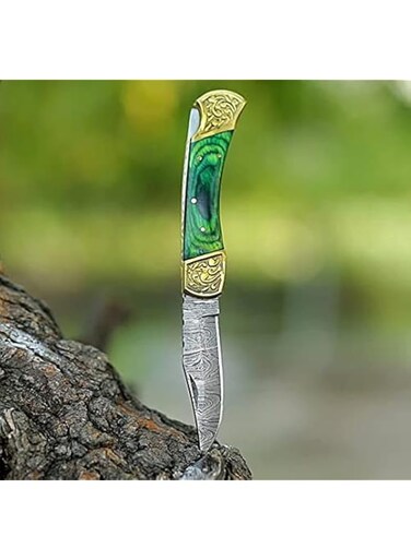 HADI Handmade Forged Damascus with Leather Sheath (Green)