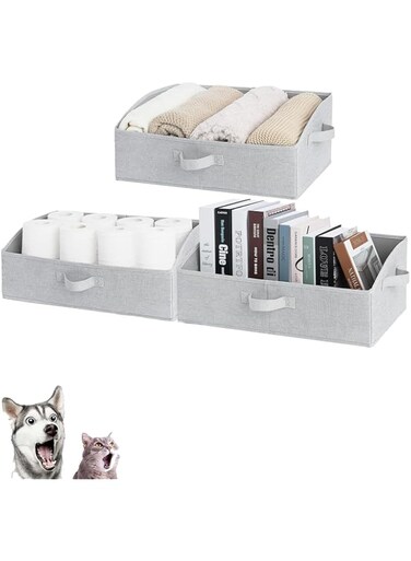 KASTWAVE Foldable Closet Storage Bins - Jumbo Trapezoid Storage Boxes with Handles, Polyester Canvas Organizer Bins for Clothes, Ideal for Home and Office (3 Pcs, Light Grey)