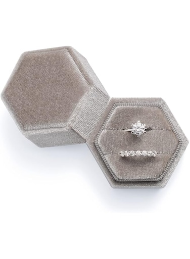 Velvet Ring Box, Engagement Hexagon Ring Holder, Double Slots Rings Bearer Jewelry Boxs, for Proposal, Wedding, Ceremony (Not Include Ring) (Gray1)