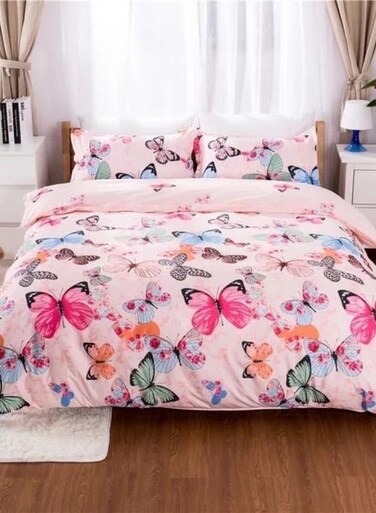 Home Single size 4-piece duvet cover set featuring a charming pink butterfly design.
