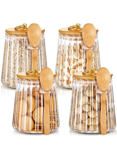 Pinkunn Set of 4 Glass Stripe Jar Glass with Bamboo Spoons 20 Fl oz Overnight Oats Containers with Lids Coffee Sugar Container Set fo Kitchen Food Storage Coffee Tea Sugar