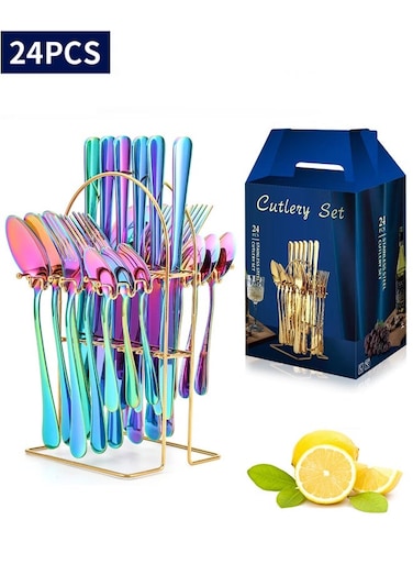 Pieces Stainless Steel Flatware Set Rainbow Flatware Cutlery Set With Stand Include Knife Fork Spoon Multipurpose Use for Home and Kitchen Mirror Polished, Dishwasher Safe