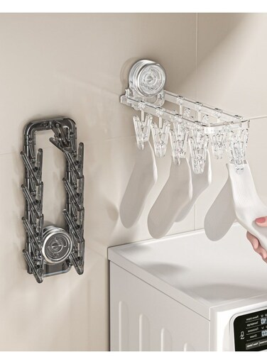Suction Cup Clothes Hanger With Clips Drill-Free Bathroom Balcony Household Foldable Socks Underwear Drying Rack Knob-Type Suction Cup Installation Non-Damaging Wall Ready To Use 90&Acirc;&deg; Folding Design Space Saving Stainless Steel Material Strong Clamping Force Waterproof Moisture Proof Rounded Corners Smooth No Burrs