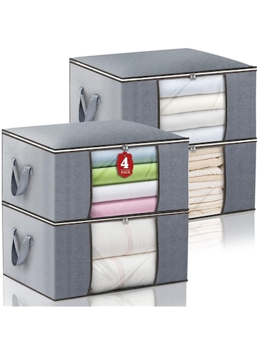 90L Large Storage Bags - 4 Pack Clothes Storage Bins, Foldable Closet Organizer Storage Containers with Durable Handles and Thick Fabric for Comforters, Clothing, Blanket, Bedding and Toys (Grey)