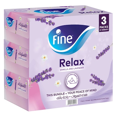 فاين ويلنس علبة مناديل وجه، 3 عبوات، كلّ منها 100 ورقة × 2 طبقة، بعطر فانيلا ولفندر