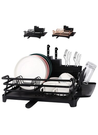 Dish Rack Kitchen Drying Stand Kitchen Organizer With Tableware Cutting Board Rack Drainer Board Rack 1 Layer Dish Racks For Home Kitchen (Black)