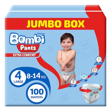Sanita Bambi Baby Taped Diapers, Large, Size 4 (8-14 kg), Jumbo Box, 100 Count