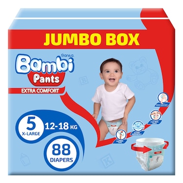 Sanita Bambi Baby Taped Diapers, Extra Large, Size 5 (12-18 kg), Jumbo Box, 88 Count