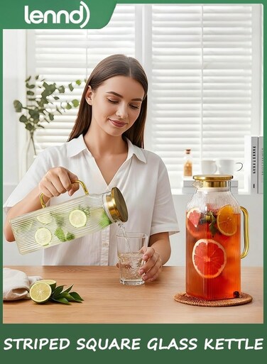 Glass Water Bottle with Lid, 68oz/2 Liter Square Stripes Water Bottle, Glass Water Bottle for Cold Brew Coffee, Coffee, Lemonade, Iced Sun Tea, Beverages, Milk, Heat Resistant, 1 Pack