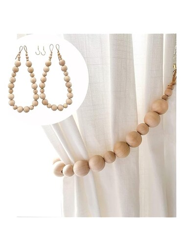 ICOUVA Wooden Bead Curtain Tiebacks, 2 Packs Natural Wood, Farmhouse Curtain Holders for Drapes