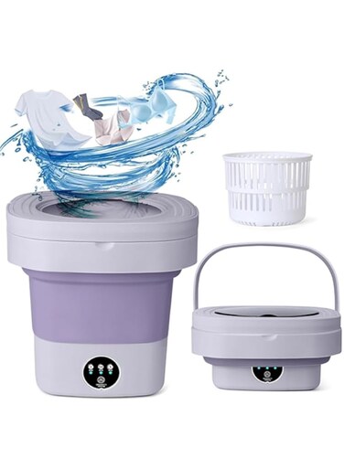 Sumkyle Mini Folding Washing Machine, 8L Portable Washing Machine with Drain Basket for Apartment, Travel, Underwear, Personal, Kids (Purple)