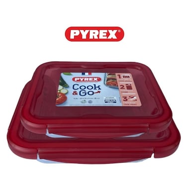 Pyrex Cook&amp;Go Storage Dish Set - 0.8L &amp; 1.9L Rectangular Glass Containers with Airtight Red Lids