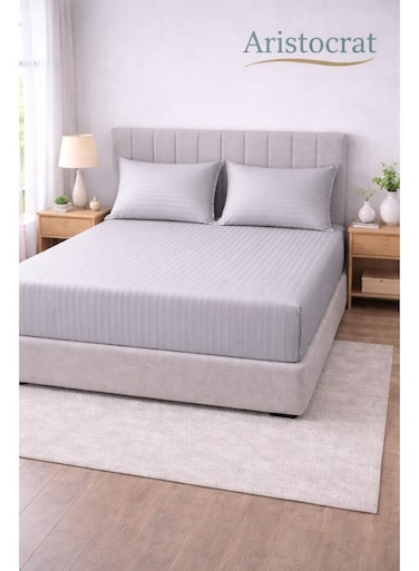 3-Piece Striped Microfiber Fitted Sheet Set Queen 150x200cm &acirc;&euro;&ldquo; Soft Elastic Deep Pocket 17cm Bedsheet with 2 Pillowcases 50x70cm, Silver Microfiber Silver 150X200+17cm