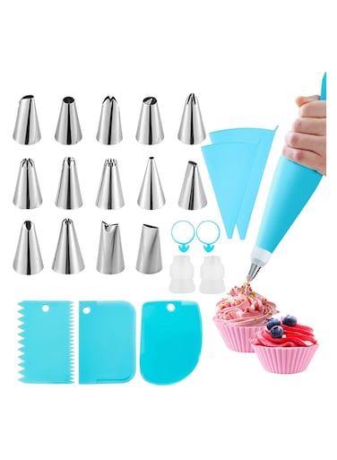 25 Pcs Cake Decorating Kits with Piping Bags and Tips - Includes 14 Stainless Steel Baking Nozzles, 2 Reusable Silicone Pastry Bags, 3 Icing Smoothers, 2 Couplers, Ties &amp; Cupcake Molds