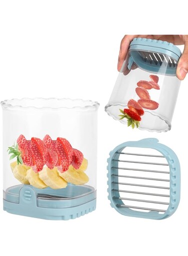 TERRIFI Slicer Cup for Fruit, Multi-Purpose Strawberry, Egg, Banana, and Mushroom Slicer, Portable Kitchen Slicing Tool and Vegetable Cutter Gadget (Light Blue)