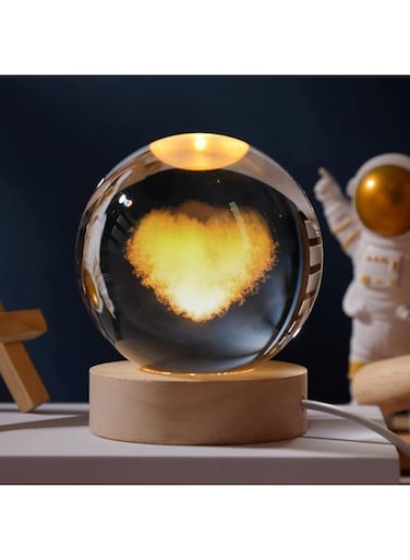 Goodern 3D Crystal Ball Night Light Clear Galaxy LED Light with Wooden Base Glass Ball Ornaments Nightlight Decolamp with Touch Switch Light Decorative Lamp Gifts for Home Desktop Decor-Heart-Shape