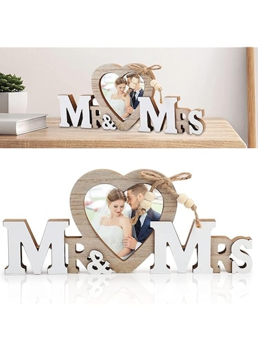 Wedding Gifts with Heart Photo Frame, Wedding Decorations Couple Personalised Photo Frames Romantic Gifts, Wooden Tabletop Picture Frame Mr and Mrs for Anniversary Party Home Decor (white and brown)