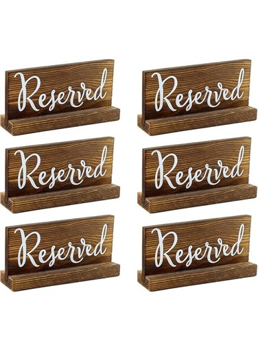 BPA&reg; Wooden Reserved Signs for Tables (6-Pack, Brown); Rustic Real Table Signs with Sign Holders for Weddings, Special Events, and Restaurant Use
