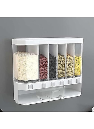 Tazomi Wall-mounted 6 in 1 Storage, Dry Food Cereal Dispenser of Rice, Grains, Nuts, Beans, Saving Space for Kitchen - 10000 ml Plastic Utility Container (RECTANGULAR)