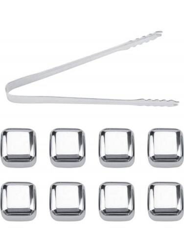 Stainless Steel Ice Cubes Chilling Stones with Tongs and Freezer Storage Tray silver 370grams