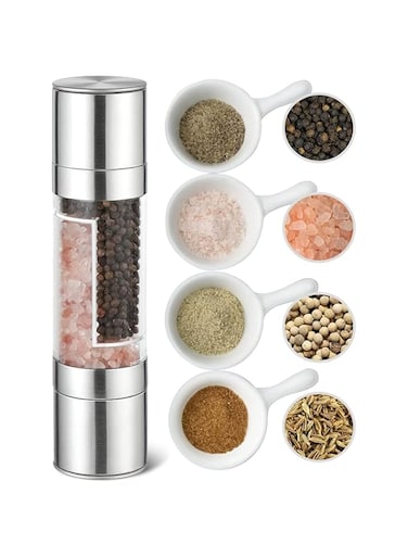 KASTWAVE Salt and Pepper Grinder, 2 in 1 Stainless Steel Pepper Mill and Salt Mill with Adjustable Ceramic Rotor-Sea Salt, Black Pepper, Fits in Home, Kitchen, Barbecue