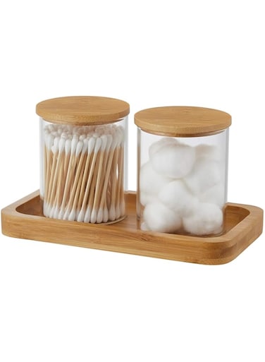 INIUNIK Glass Qtip Holder with Vanity Tray, Apothecary Jars Bathroom Accessories Bathroom Canisters Organizer Countertop Q Tip Holder for Cotton Ball Round Swab Pad Hair Ties Floss Perfume Jewelry