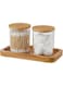 INIUNIK Glass Qtip Holder with Vanity Tray, Apothecary Jars Bathroom Accessories Bathroom Canisters Organizer Countertop Q Tip Holder for Cotton Ball Round Swab Pad Hair Ties Floss Perfume Jewelry