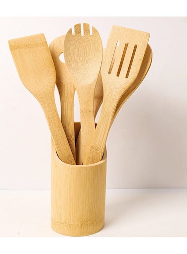 7-Piece Bamboo Kitchen Utensil Set - Natural Wooden Cooking Tools, Eco-Friendly Non-Scratch Cookware for Healthy Cooking