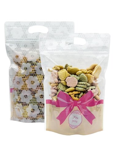 50 Pack Clear Treat Bags, Resealable Ziplock Bakery Packaging with Window, Airtight Candy Bags, Stand Up Party Favor Bags for Cookies, Snacks, 6x8.8 Inches (PINK)