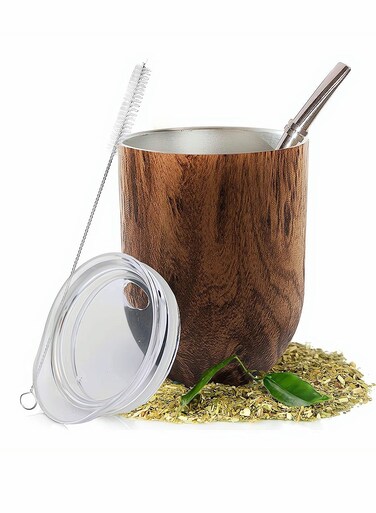 Mate Tea Set with Stainless Steel Double Walled Cup Bombilla Straw Lid and Cleaning Brush 12 Ounce Natural Brown Easy to Clean