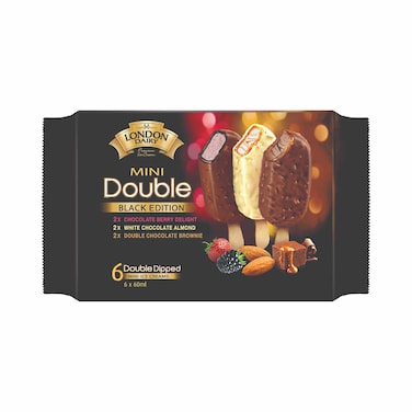 London Dairy Black Edition Mini Double Dipped Chocolate Berry Delight White Chocolate Almond Double Chocolate Brownie Ice Creams, 60ml Pack of 6