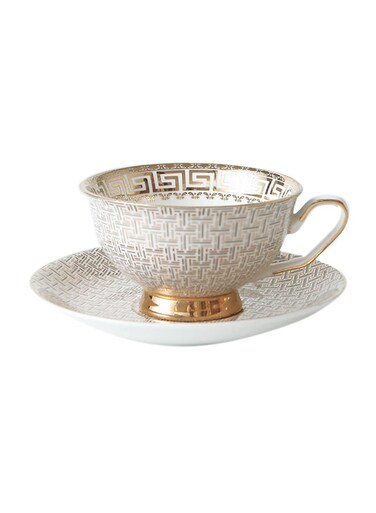 Textured Gold Thread Coffee Cup And Plate Multicolour 220ml