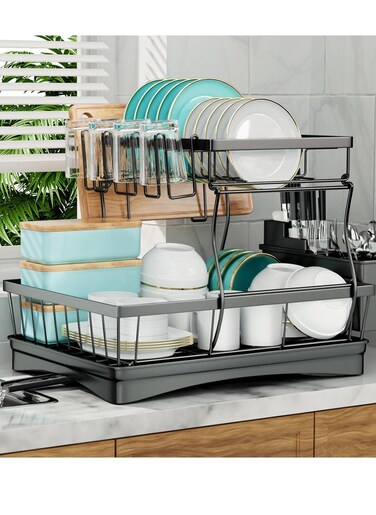Large Dish Drying Rack for Kitchen Counter,Detachable Large Capacity Dish Drainer Organizer with Utensil Holder,2-Tier Dish Drying Rack with Drain Board - Black