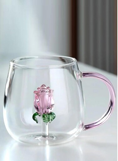 300 ML Borosilicate Three-Dimensional Coffee Cup with Handle , Flower Design